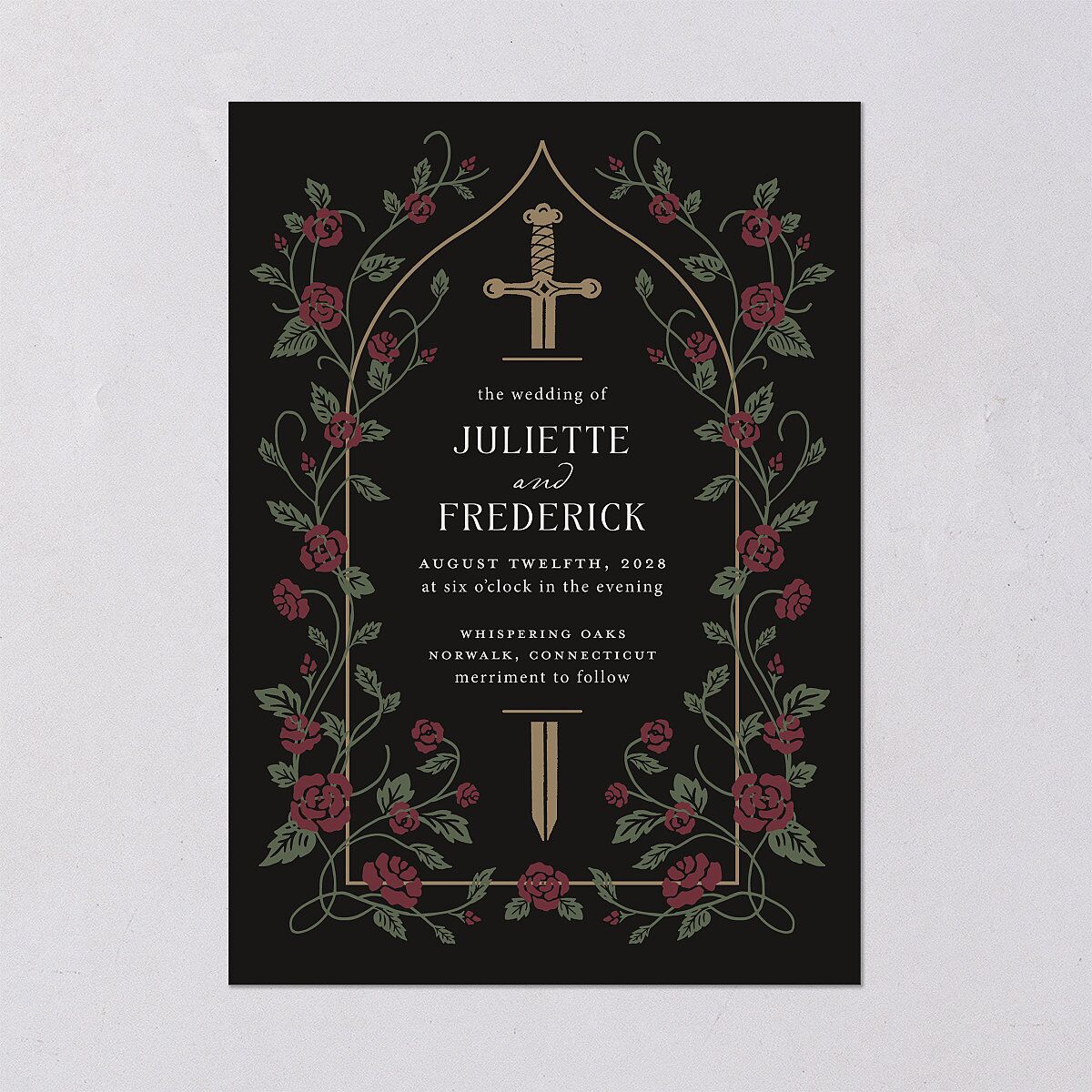 Sword and Roses Fantasy Garden Wedding Invitations Charcoal Signature Blank No Standard