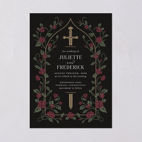 Sword and Roses Fantasy Garden Wedding Invitations Charcoal Signature Blank No Standard