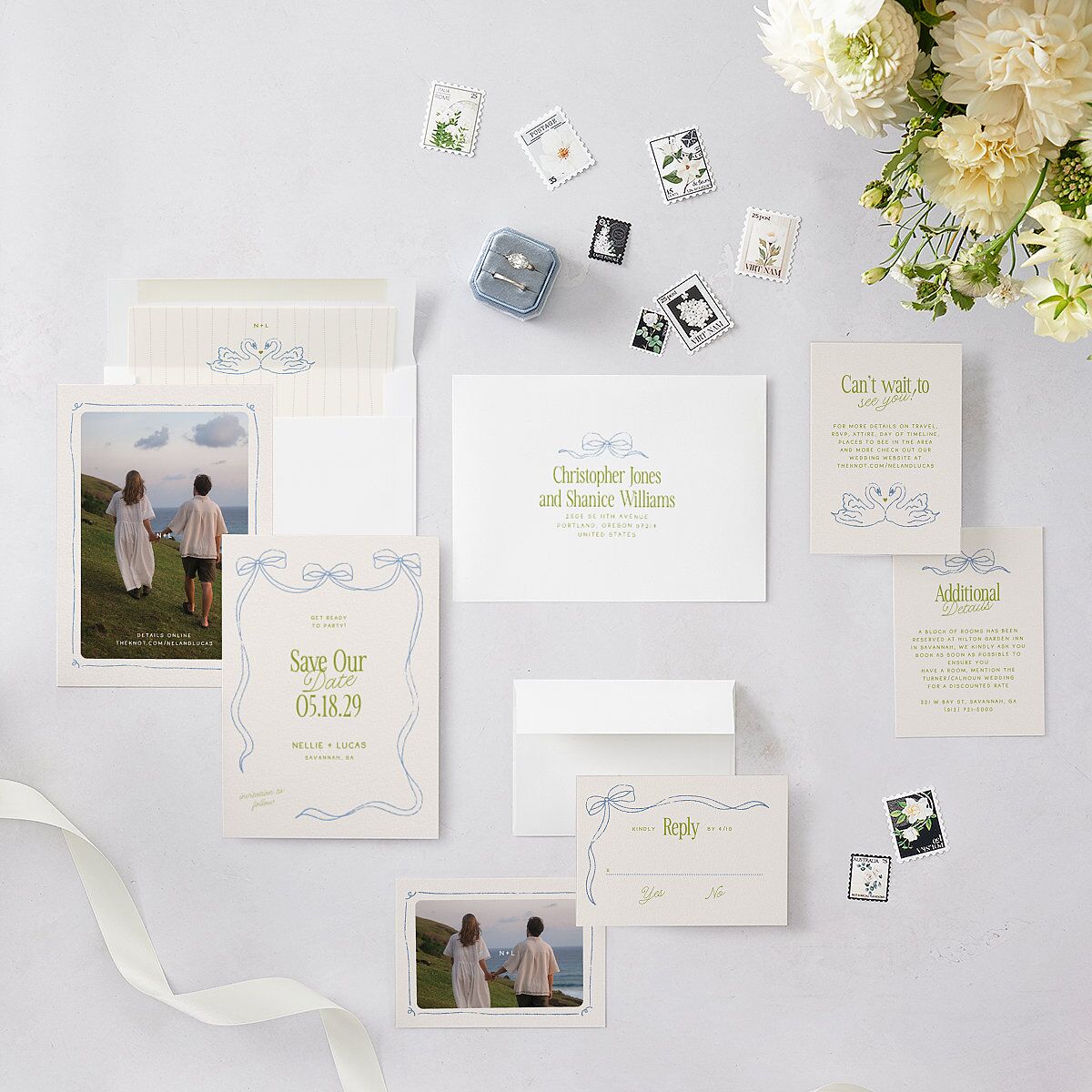 Modern Delicate Bows Save the Date Cards Peridot Signature smooth Blank No Standard