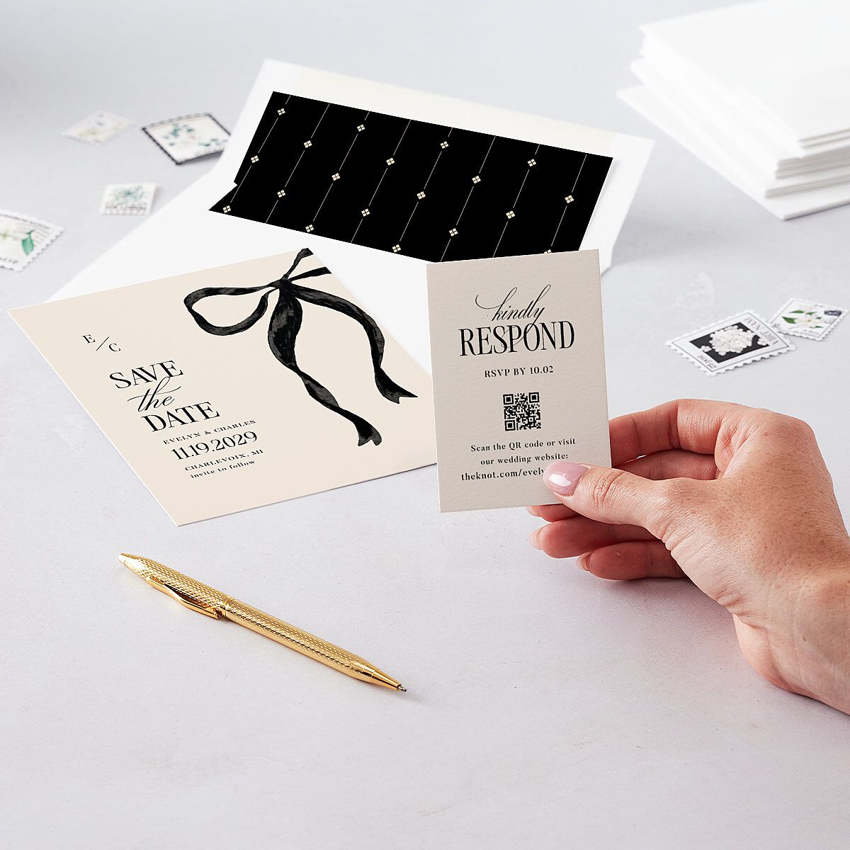 Whimsical Hand Drawn Bow QR Code RSVP Cards Linen Signature Standard