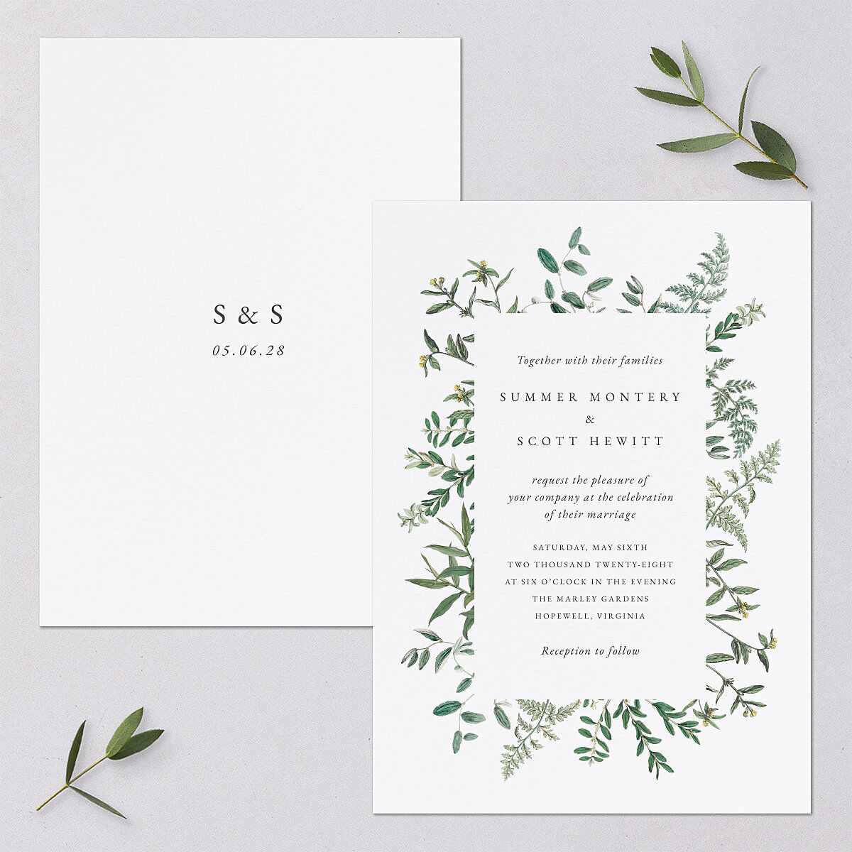 Delicate Greenery Wedding Invitations Pure White Signature Blank No Standard