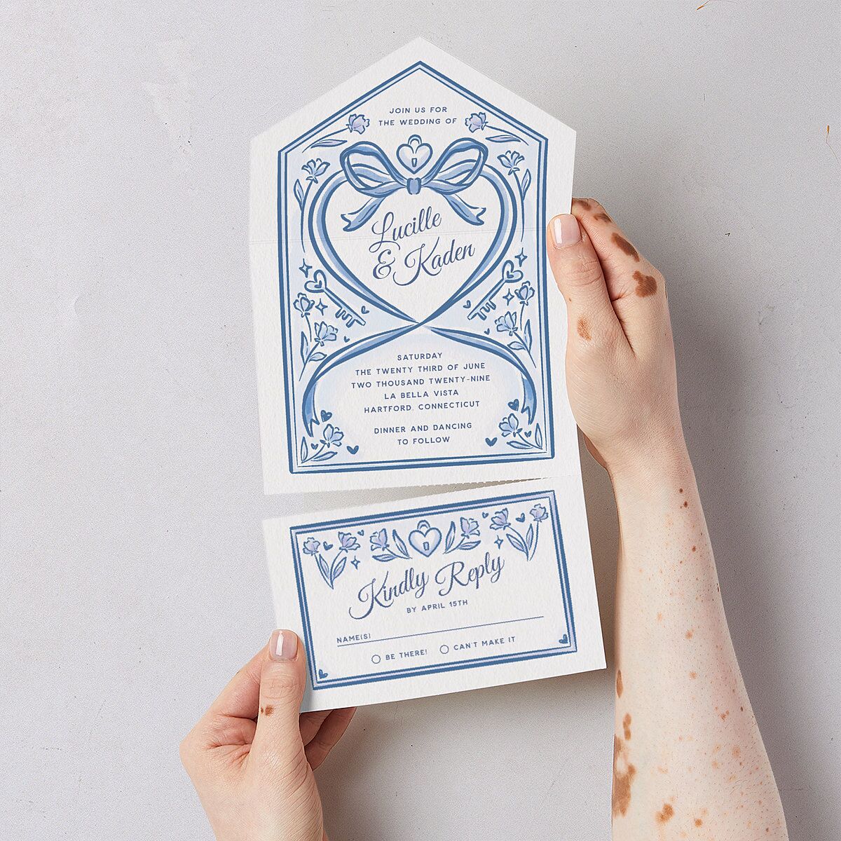 Vintage Heart Locket All-in-One Wedding Invitations Ocean Signature Light Both Recipient and Return Addresses No