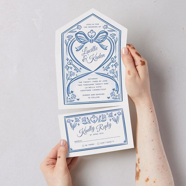 Vintage Heart Locket All-in-One Wedding Invitations Ocean Signature Light Both Recipient and Return Addresses No