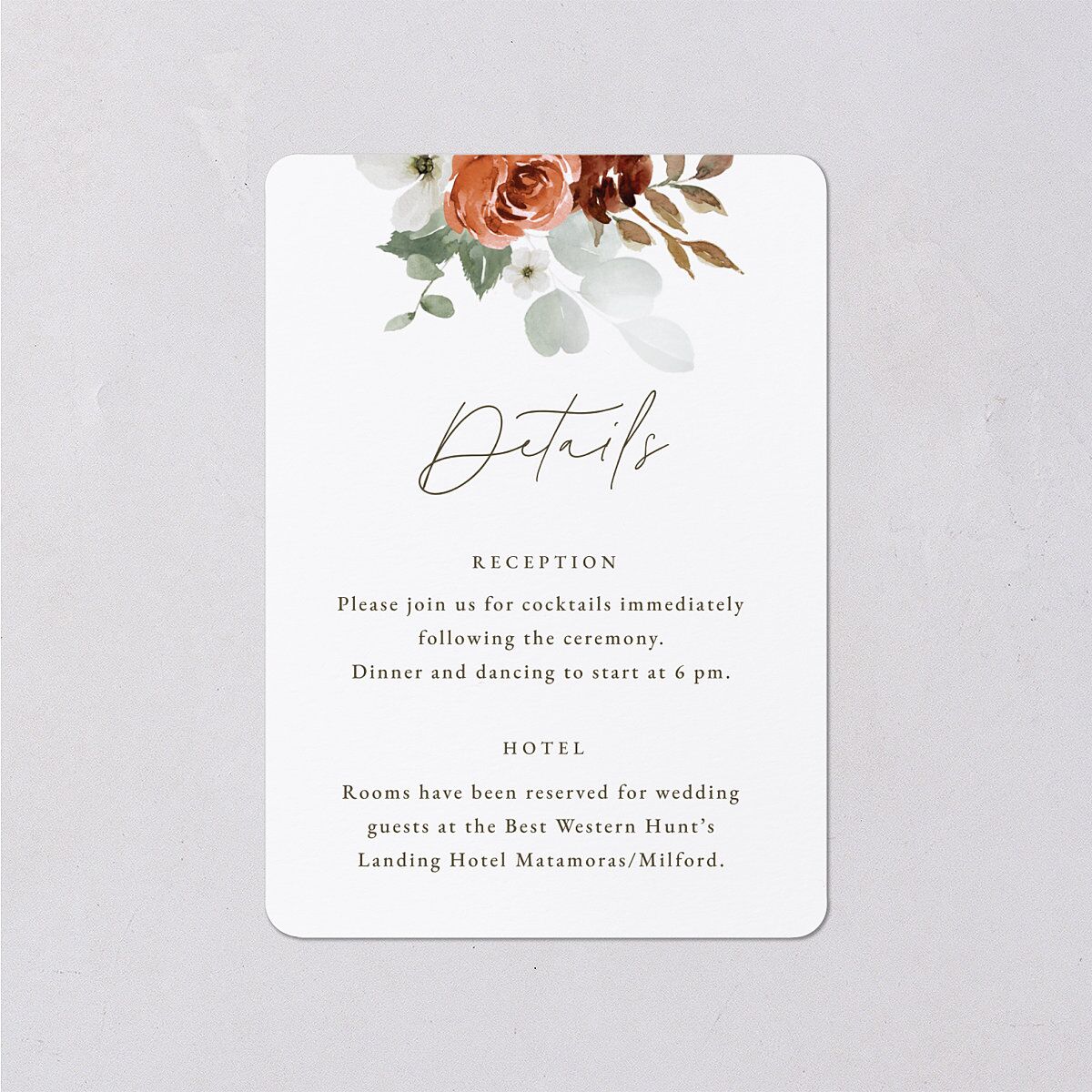 Eucalyptus Bouquet Wedding Event Detail Cards Terracotta Signature Rounded