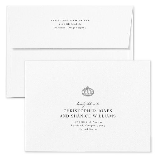 Glamorous Crown Monogram Crest Save The Date Card Envelopes by Bridgerton Terracotta Pure White Both Recipient and Return Addresses Signature Standard