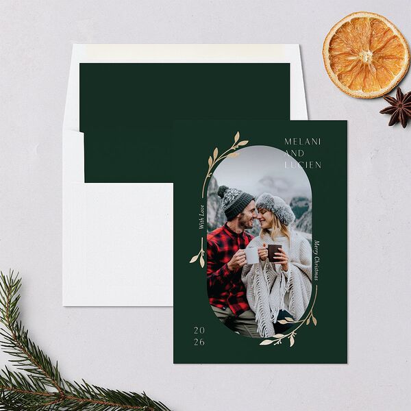 Christmas Sprigs Holiday Cards Gold Dark Green Signature Blank Standard Portrait