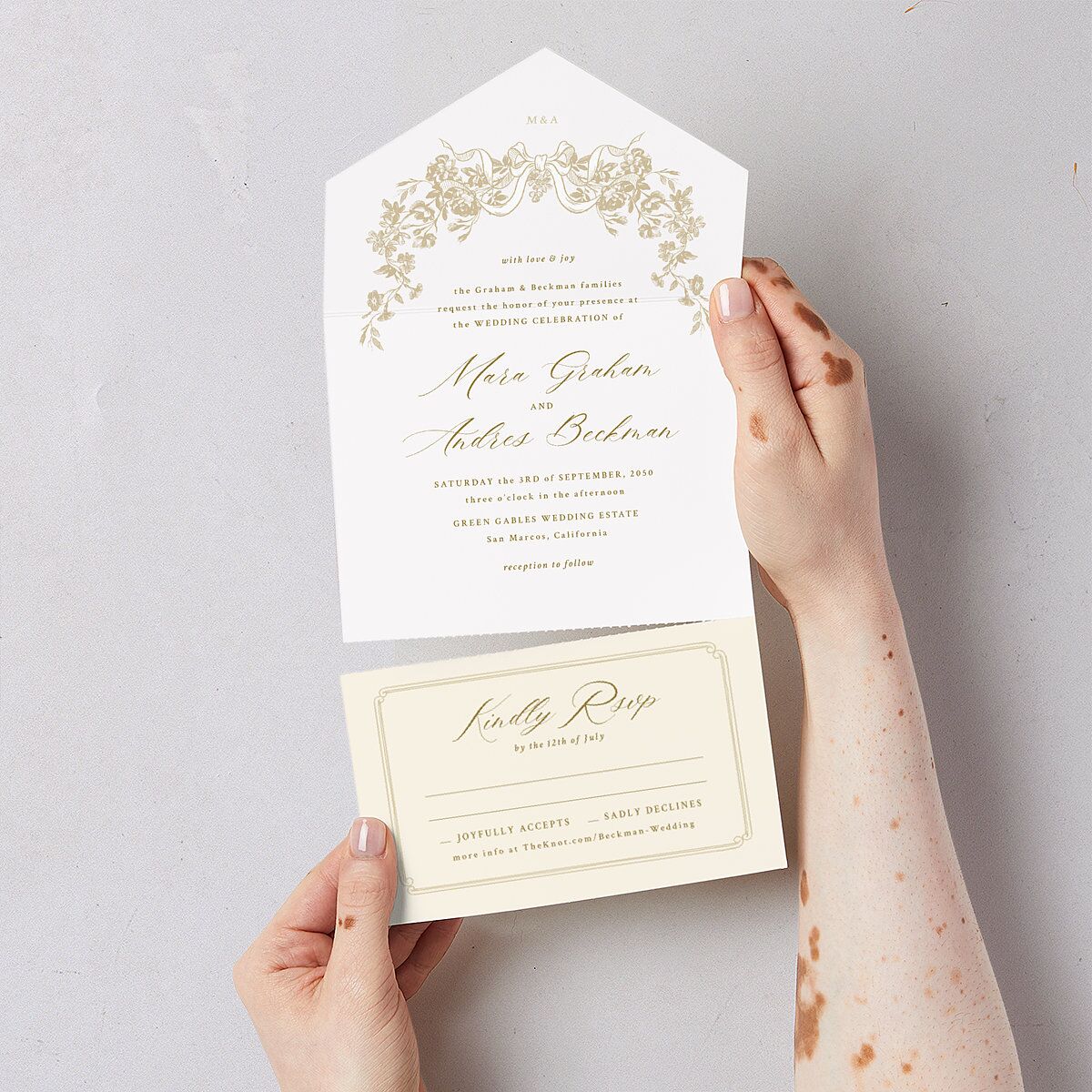 Antique Botanical Garland All-in-One Wedding Invitations Champagne Signature Light Both Recipient and Return Addresses No
