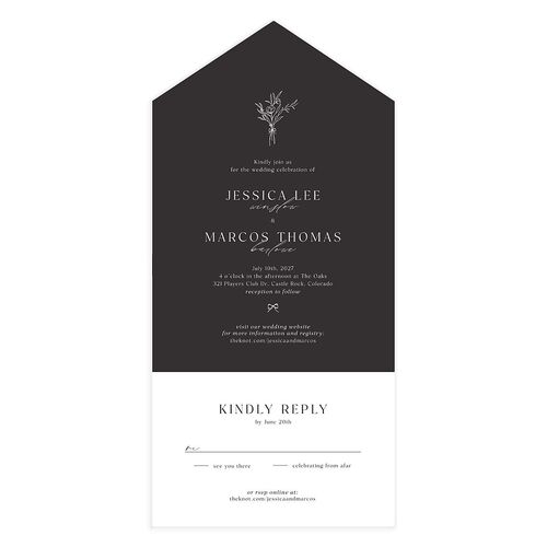 Simple Boho Flowers All-in-One Wedding Invitations Charcoal Signature Light Both Recipient and Return Addresses No