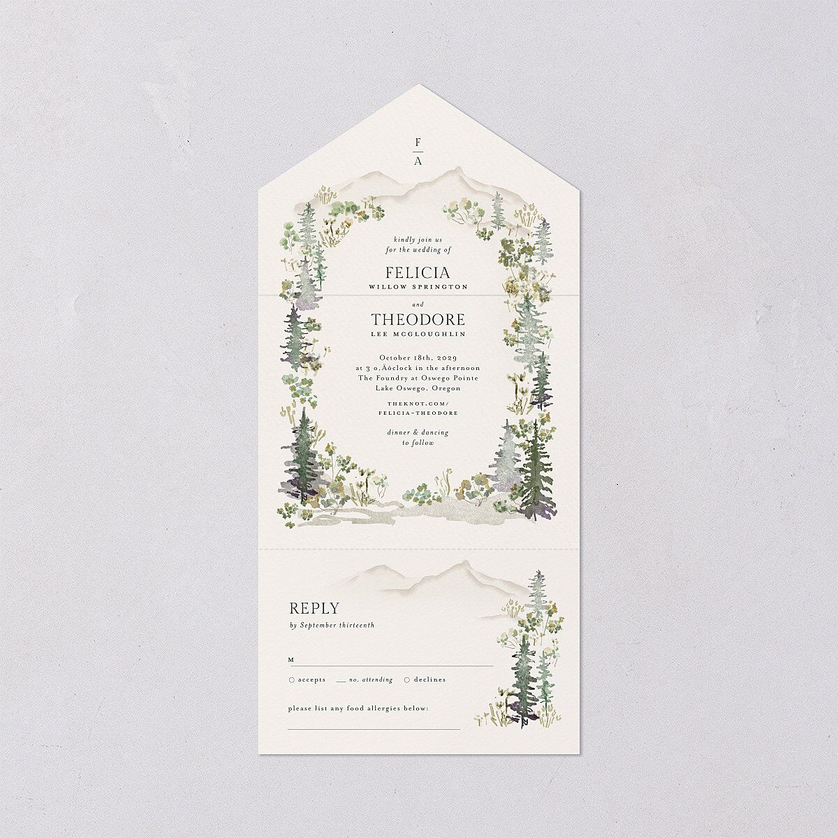 Elegant Mountain Border All-in-One Wedding Invitations Meadow Signature Light Both Recipient and Return Addresses No