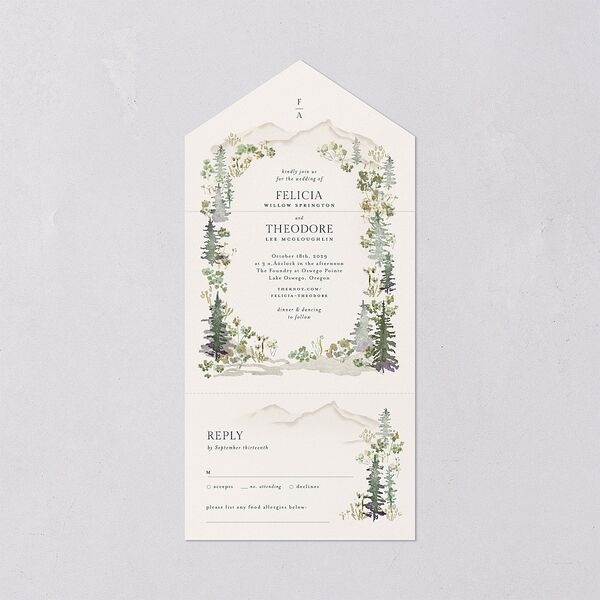 Elegant Mountain Border All-in-One Wedding Invitations Meadow Signature Light Both Recipient and Return Addresses No