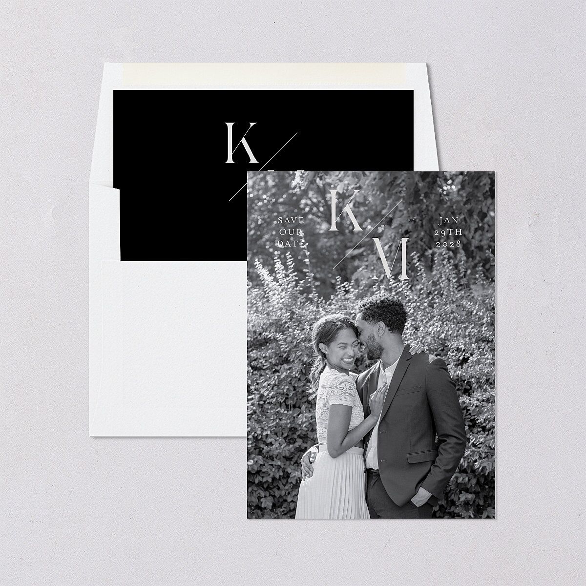 Monogram Slant Save the Date Cards Licorice Signature smooth Blank No Standard