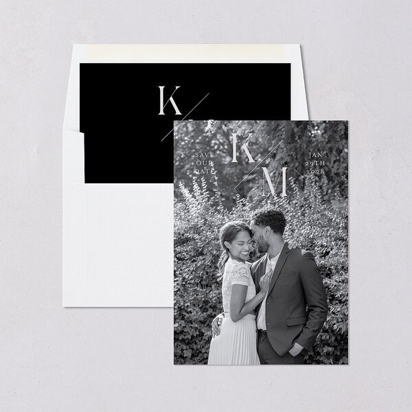Monogram Slant Save the Date Cards Licorice Signature smooth Blank No Standard