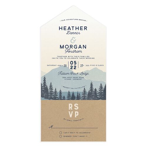 Vintage Mountain All-in-One Wedding Invitations Dusty Blue Signature Light Both Recipient and Return Addresses No