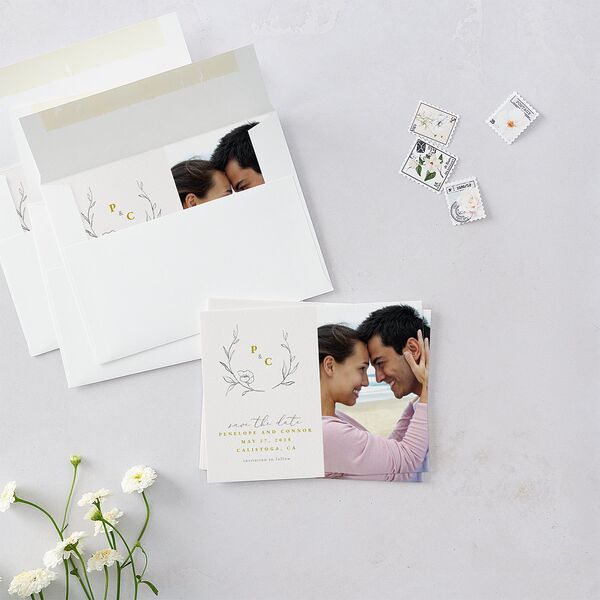 Graceful Botanical Save the Date Petite Cards Gold Signature smooth Blank No Standard