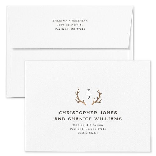 Antler Monogram Mountain Wedding Invitation Envelopes Forest White Both Recipient and Return Addresses Standard Signature