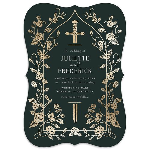 Sword and Roses Fantasy Garden Foil Wedding Invitations Wave Gold Signature Blank Bracket No