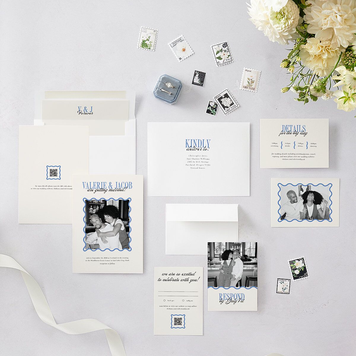 Wavy Frame Photo Wedding Invitations Sea Blue Signature Blank No Standard
