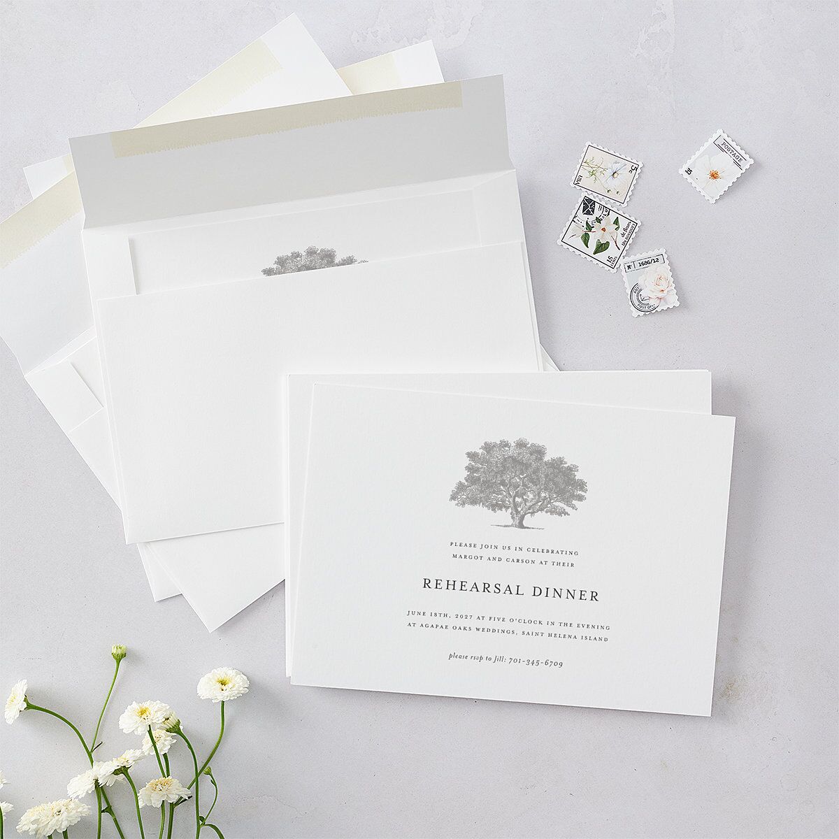 Southern Oak Tree Rehearsal Dinner Invitations Pure White Signature Blank