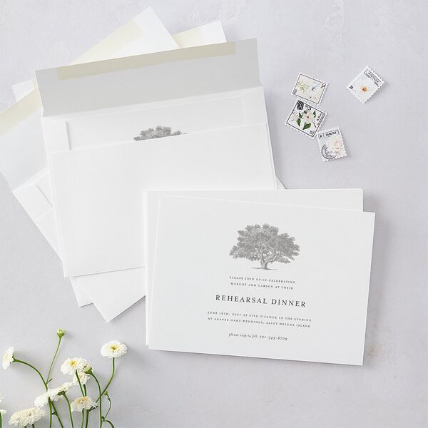 Southern Oak Tree Rehearsal Dinner Invitations Pure White Signature Blank