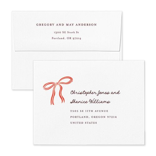 Striped Bow Photo Thank You Card Envelopes White Ruby Both Recipient and Return Addresses Signature Standard