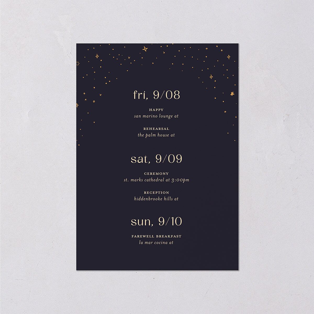 Celestial Galaxy Wedding Event Detail Cards Dark Navy Signature Standard
