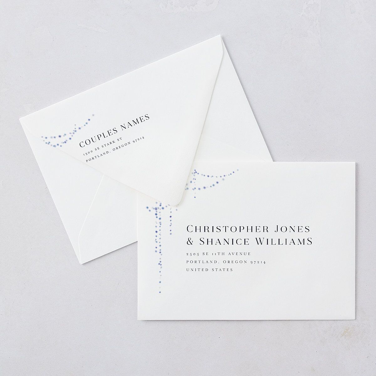 Enchanted Evening Rehearsal Dinner Invitation Euro Envelopes White Luxe Dark Navy Both Recipient and Return Addresses