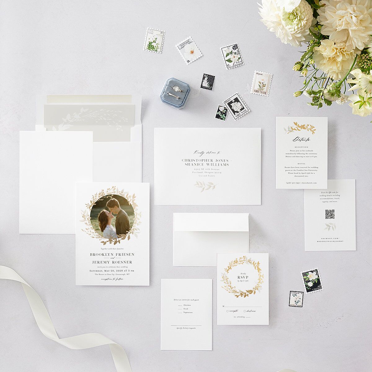 Shining Wreath Foil Wedding Invitations Pure White Gold Signature Blank No Standard