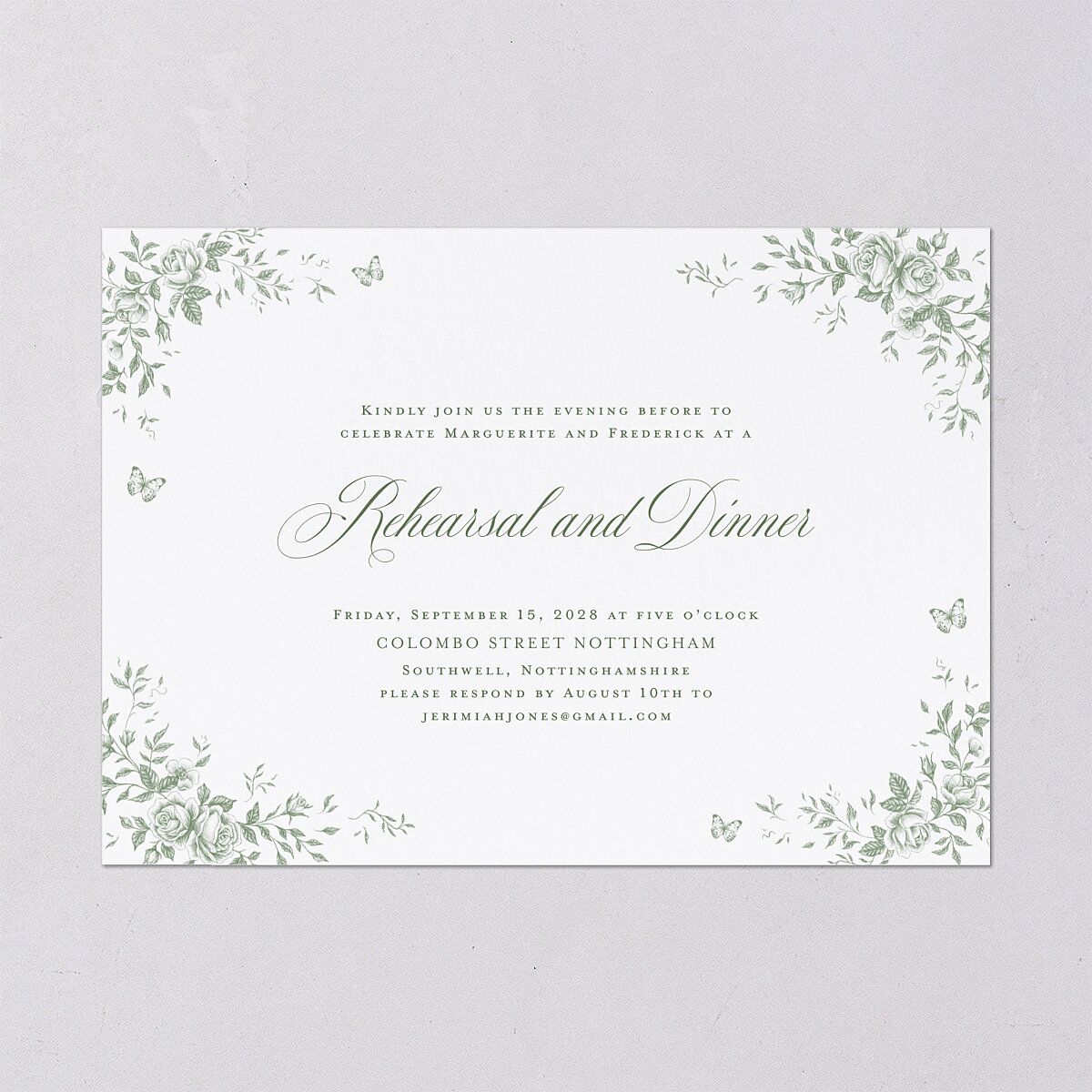 Elegant Rose Crest Rehearsal Dinner Invitations Deep Olive Signature Blank Standard