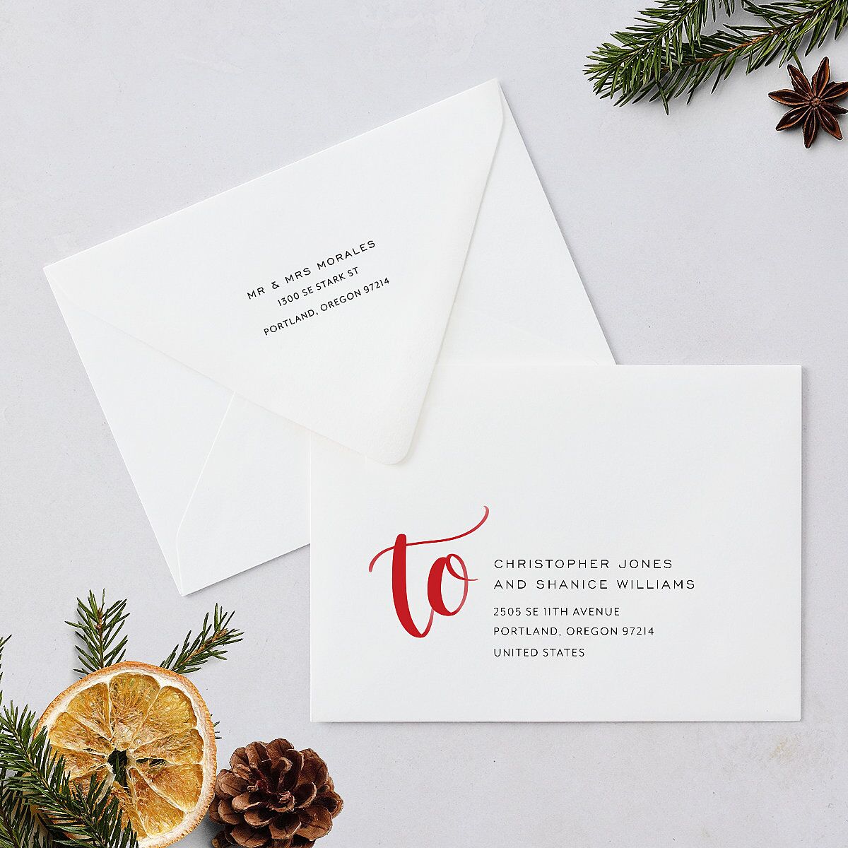 Painted Merry Holiday Card Euro Envelopes White Ruby Both Recipient and Return Addresses Luxe Signature