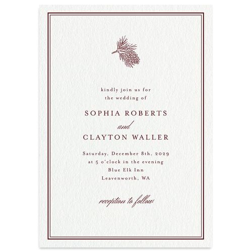 Elegant Winter Pine Cone Wedding Invitations Burgundy Signature Blank No Standard