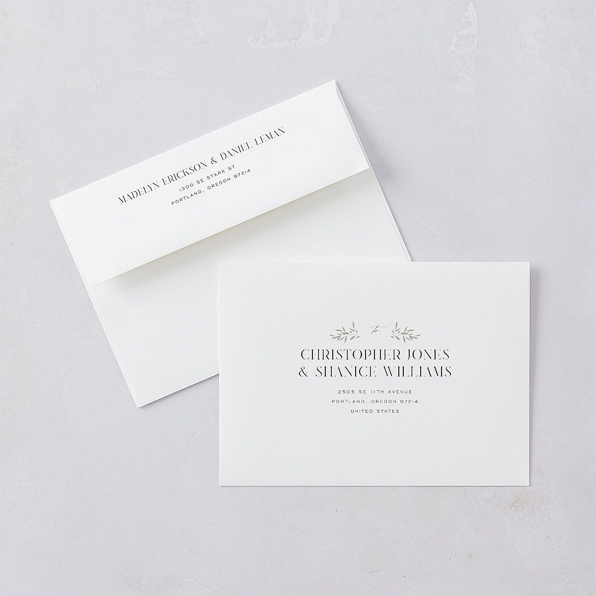 Ampersand Greenery Wedding Invitation Envelopes White Linen Both Recipient and Return Addresses Standard Signature