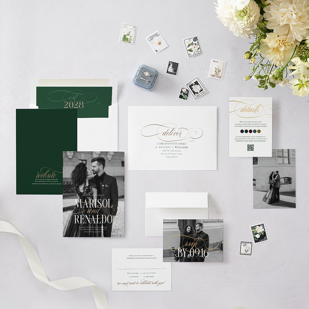 Polished Photo Foil Wedding Invitations Emerald Gold Signature Blank Standard No