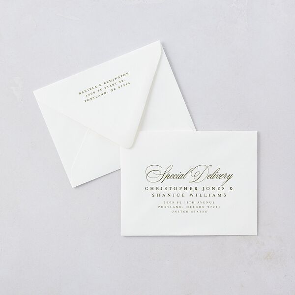 Modern Classic Picture Landscape Save the Date Petite Card Euro Envelopes White Olive Both Recipient and Return Addresses Luxe Signature