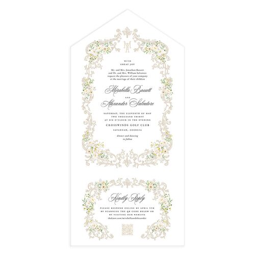 Elegant Floral Regency All-in-One Wedding Invitations Pure White Signature Light Both Recipient and Return Addresses No
