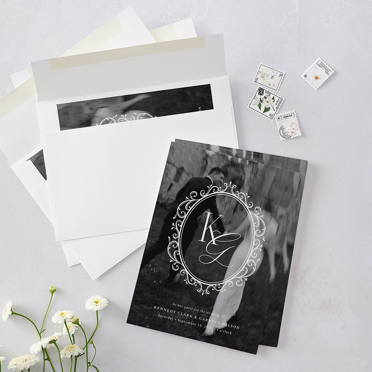 Maximalist Photo Crest Wedding Invitations Linen Signature Blank No Standard