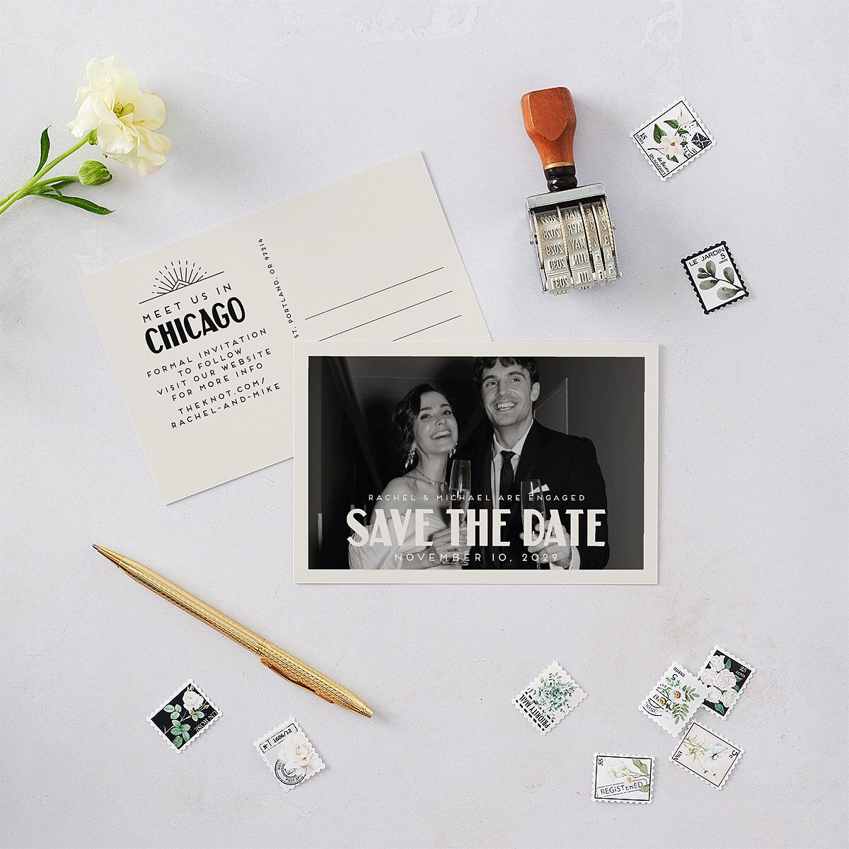Vintage Art Deco Photo Save the Date Postcards Off-White