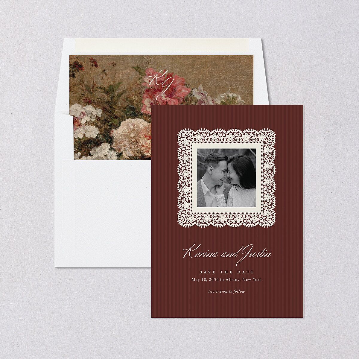 Vintage Lace Save the Date Cards Burgundy Signature smooth Blank No Standard