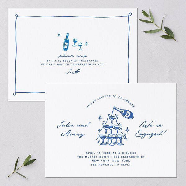 Hand Drawn Cake Engagement Party Invitations French Blue Signature Blank Standard