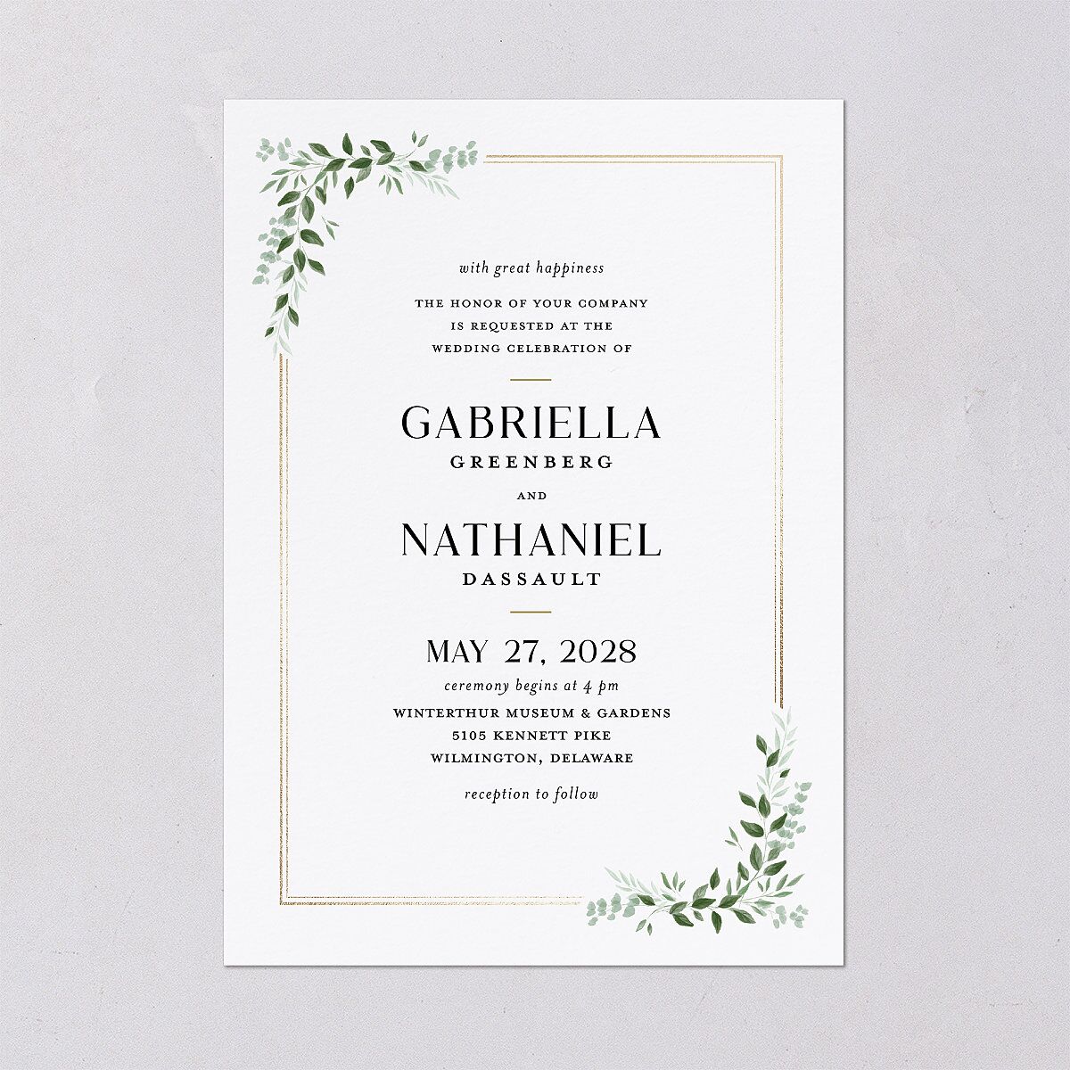 Greenery Frame Foil Wedding Invitations Gold Pure White Signature Blank No Standard