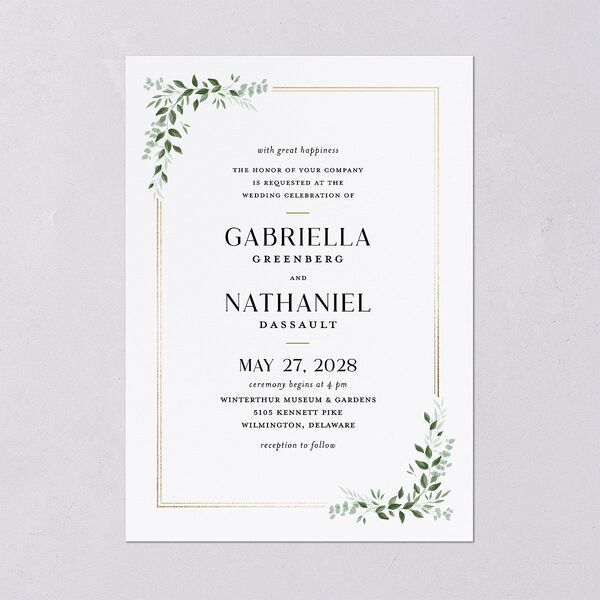 Greenery Frame Foil Wedding Invitations Gold Pure White Signature Blank No Standard