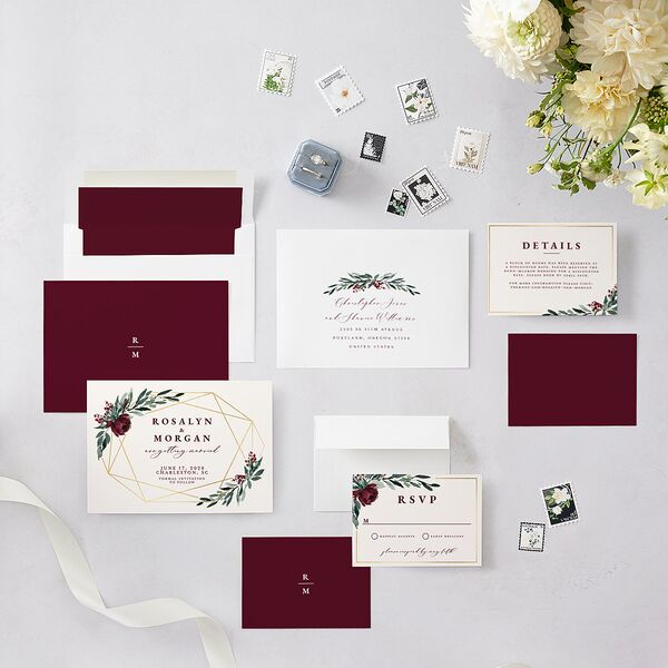 Gilded Botanical Foil Save The Date Cards Gold Burgundy Signature smooth Blank No Standard
