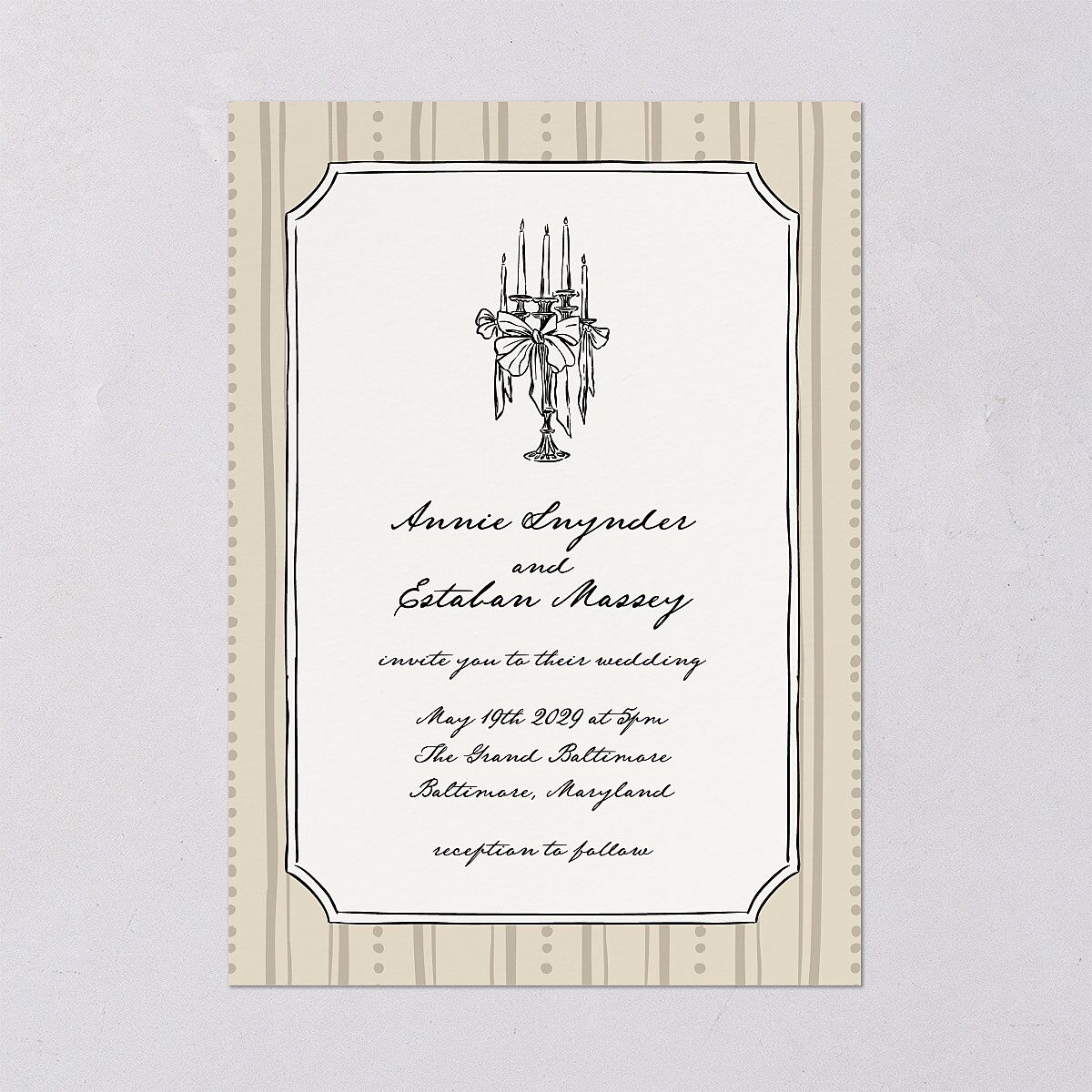Vintage Candelabra with Bow Wedding Invitations Bisque Signature Blank No Standard