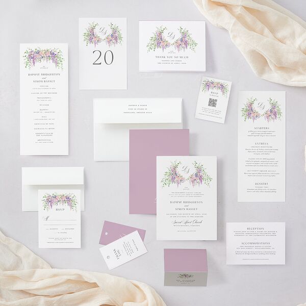 Formal Wisteria Garden Crest Menus by Bridgerton Purple Haze Signature
