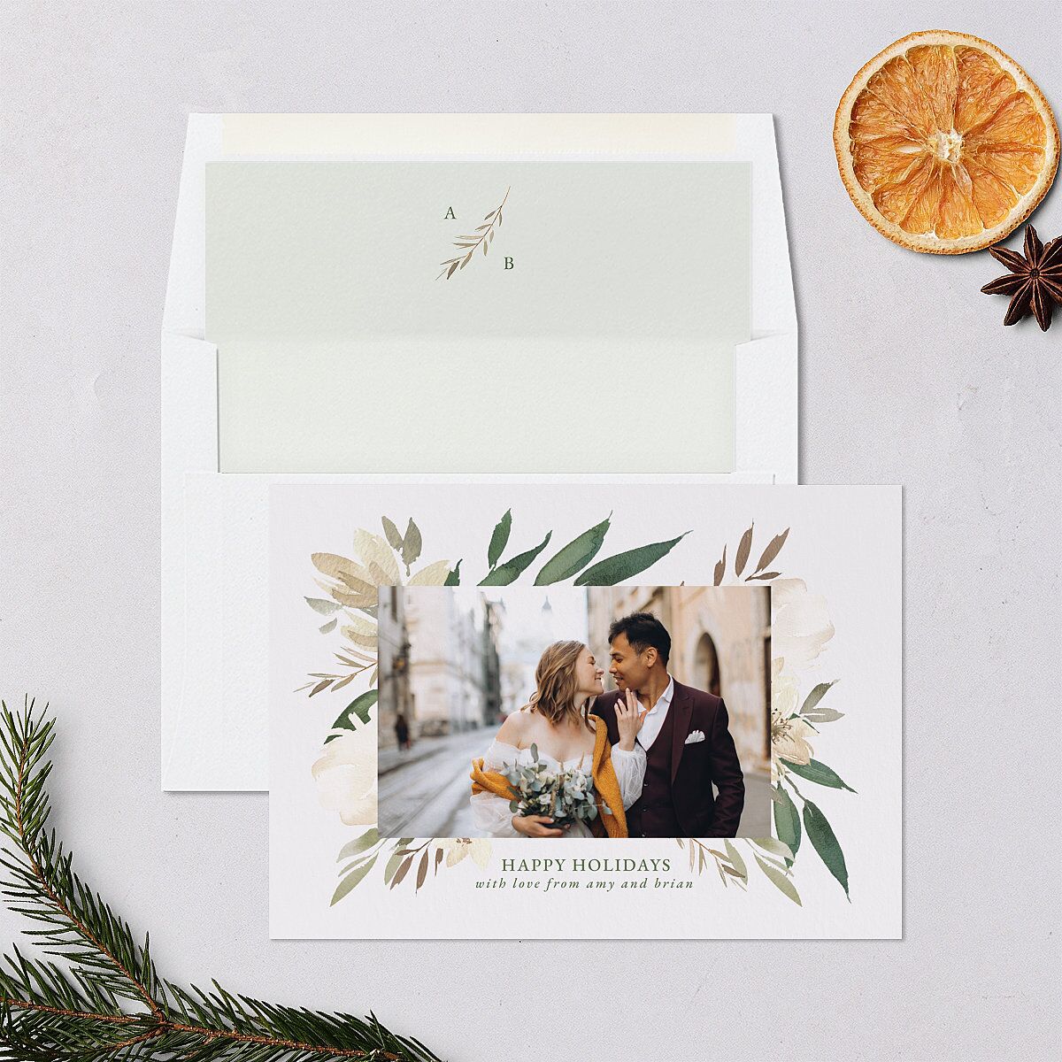 Holiday Greenery Frame Holiday Cards Deep Olive Signature Blank Standard Landscape