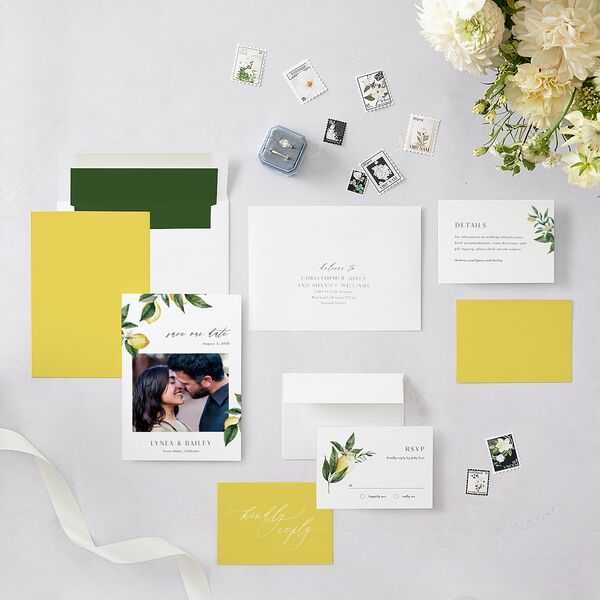 Botanical Lemon Save The Date Cards Buttercup Signature smooth Blank No Standard
