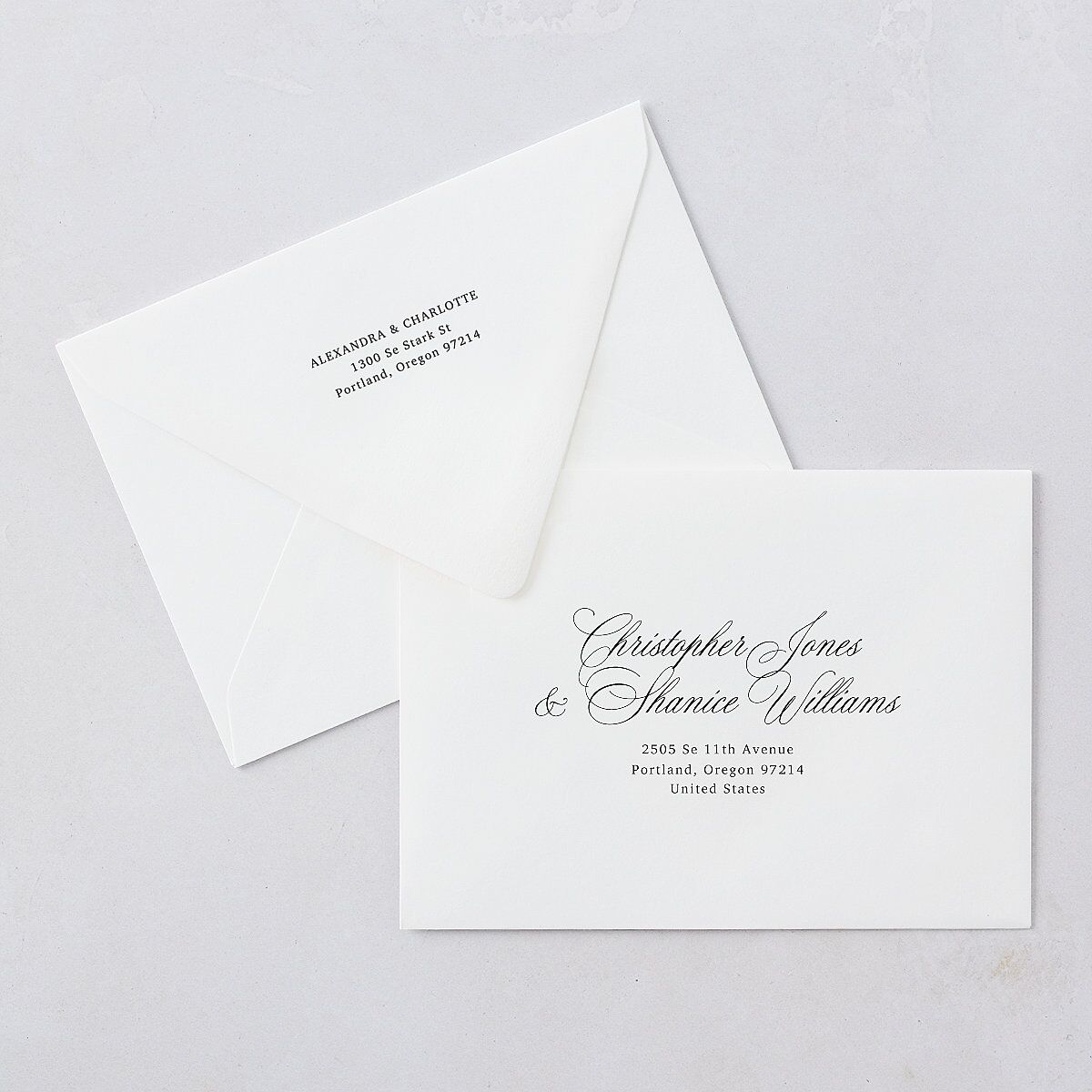 Elegant Old Money Script Photo Save The Date Card Euro Envelopes White Pure White Both Recipient and Return Addresses Luxe Signature