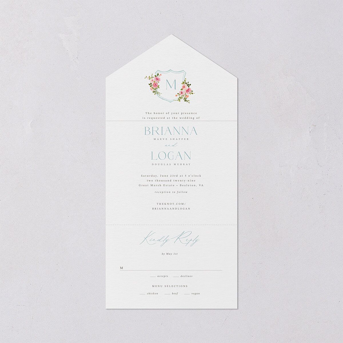 Watercolor Floral Crest All-in-One Wedding Invitations Shell Pink Signature Light Both Recipient and Return Addresses No