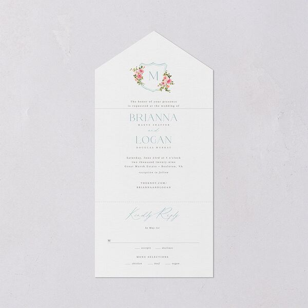 Watercolor Floral Crest All-in-One Wedding Invitations Shell Pink Signature Light Both Recipient and Return Addresses No