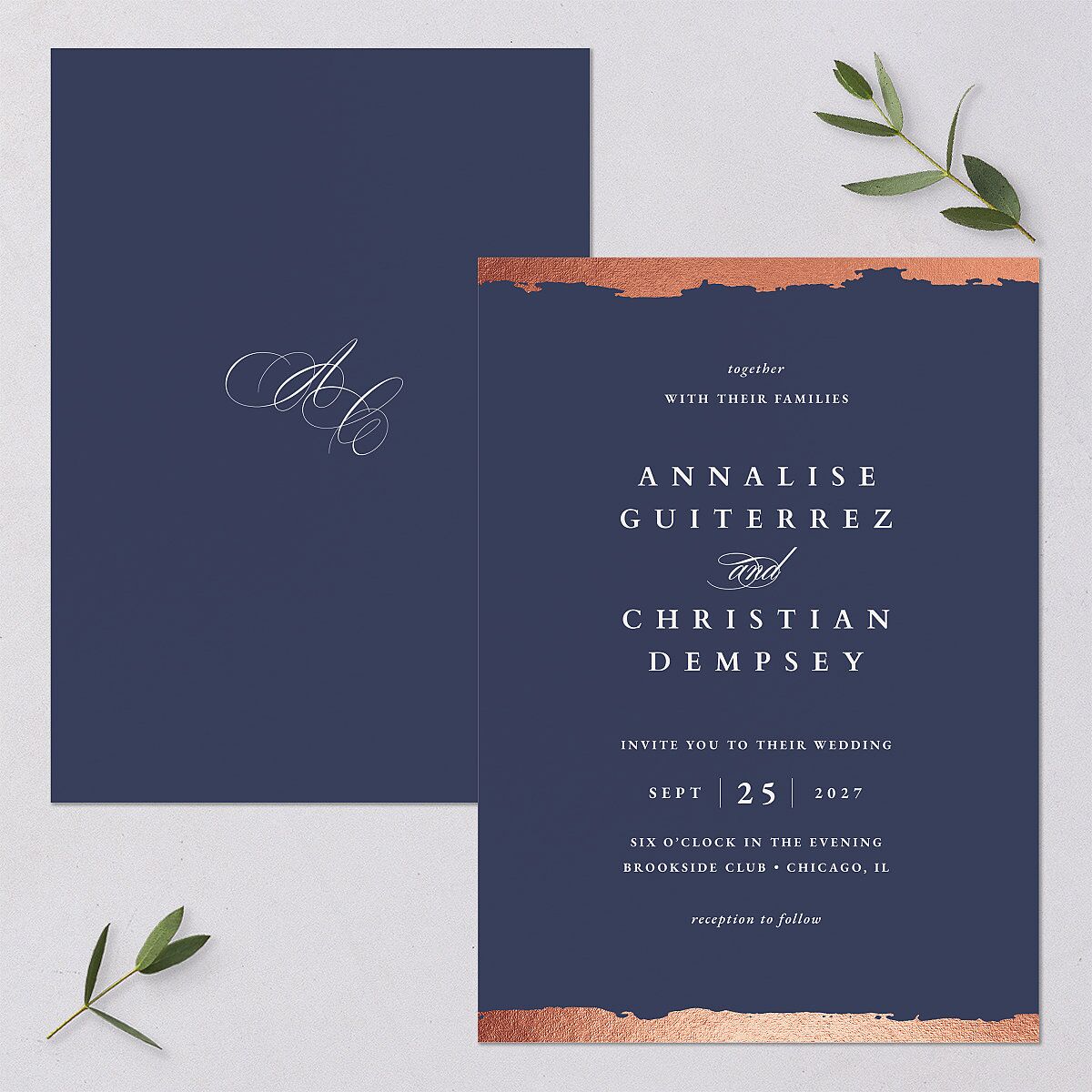 Elegant Edge Wedding Invitations Rose Gold Moody Blue Signature Blank No