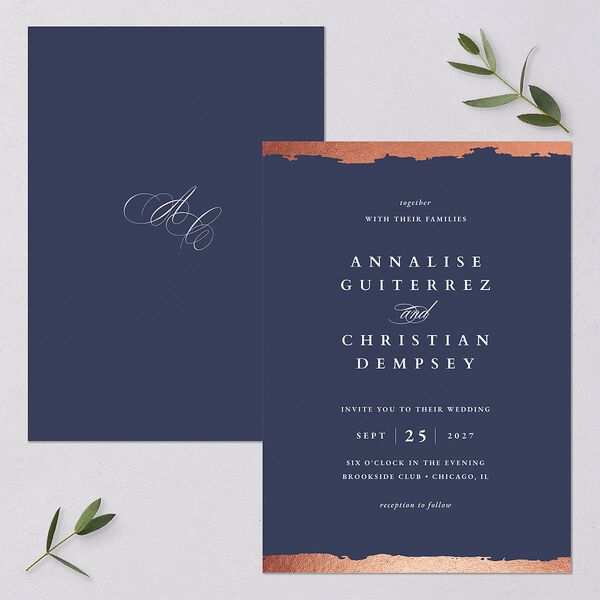 Elegant Edge Wedding Invitations Rose Gold Moody Blue Signature Blank No